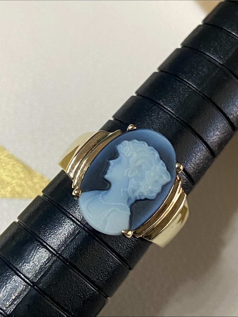 Vintage Blue Cameo Ring set in Signet Style Gold Band. Size 6.75” Rare!